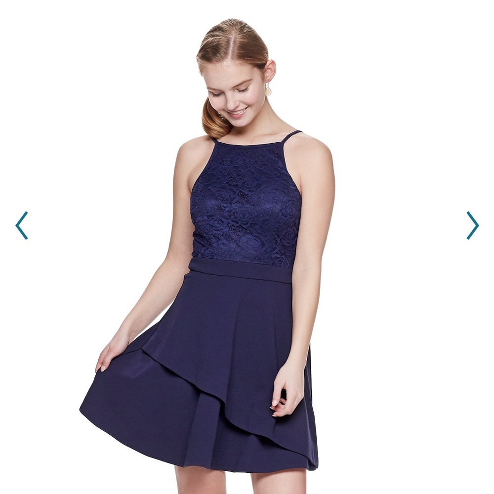 Xtraordinary Navy Lace to Scuba Halter Fit and Flare Mini Dress Size Large